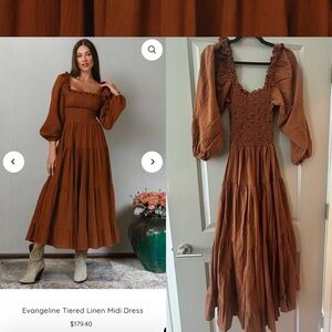 NWT (S) 100% Linen Midi Dress Bali Lane Cinnamon Puff Long Sleeve Ruffle Smock
